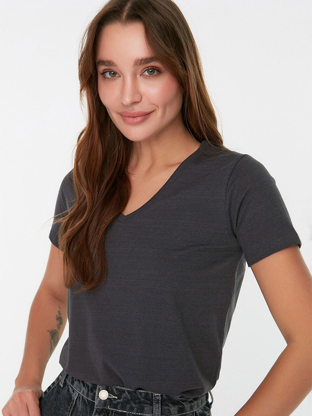 

Trendyol Women Charcoal V-Neck Solid T-shirt