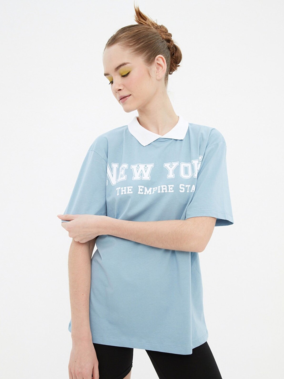 

Trendyol Women Blue Typography Printed Polo Collar Cotton T-shirt