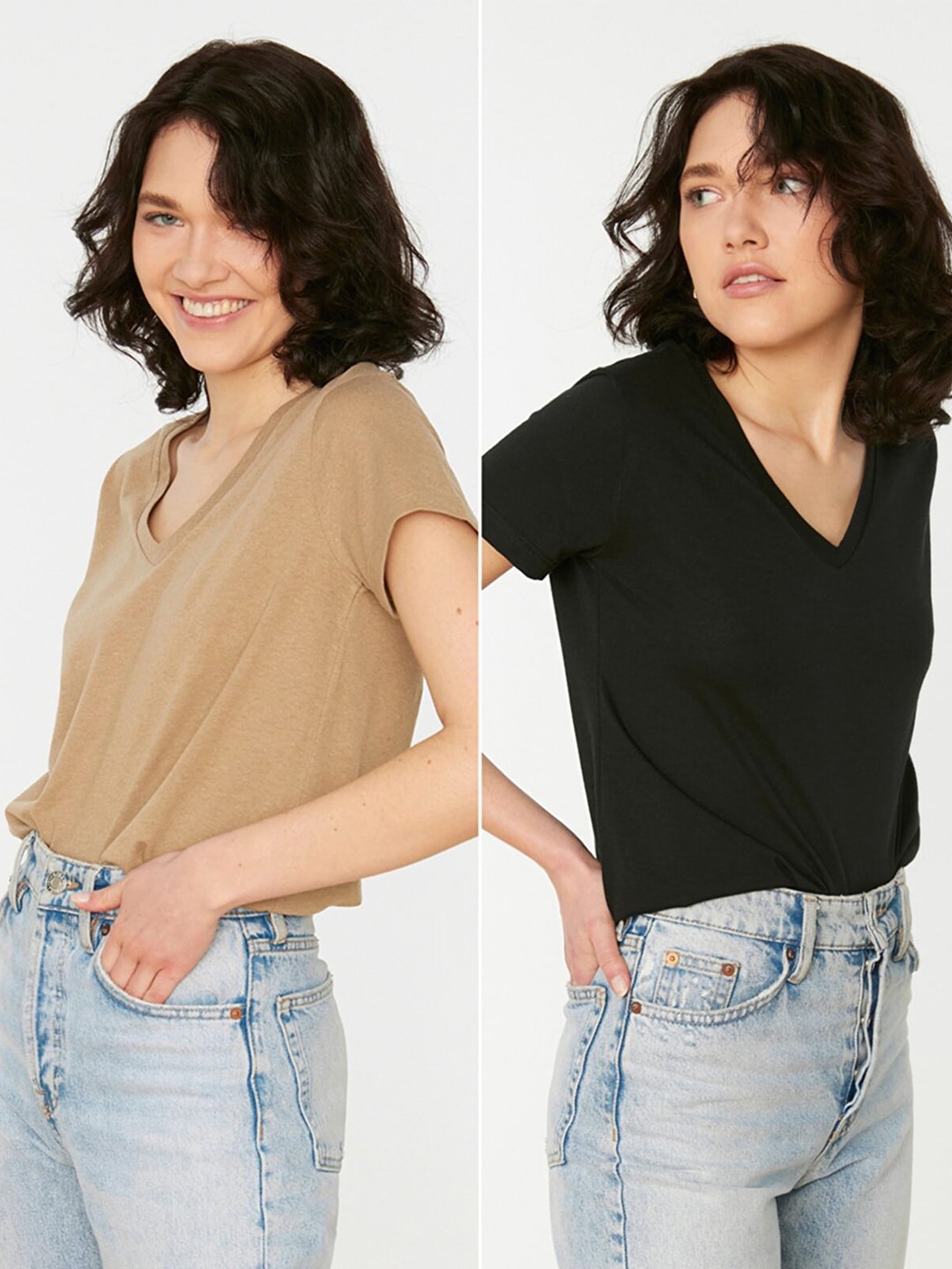 

Trendyol Women Pack Of 2 Black & Brown V-Neck T-shirt