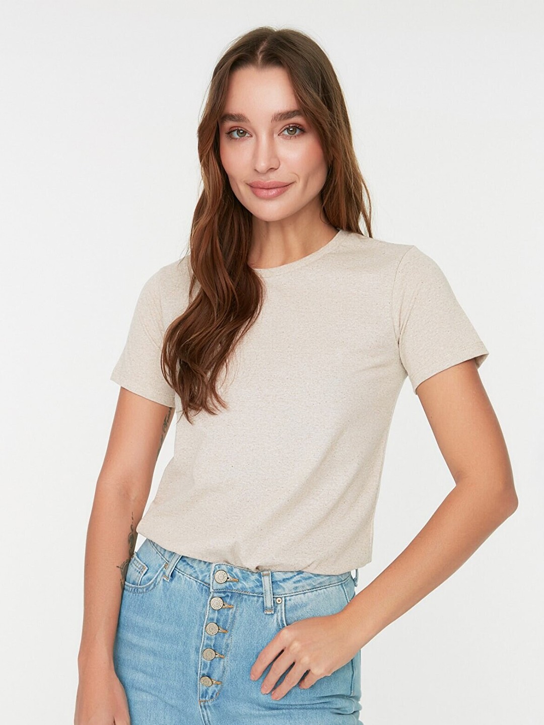 

Trendyol Women Beige V-Neck Extended Sleeves T-shirt