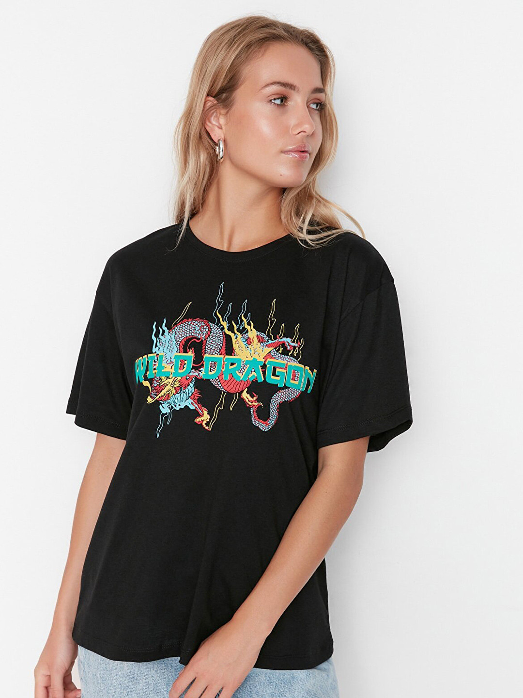 

Trendyol Women Black Typography Printed T-shirt