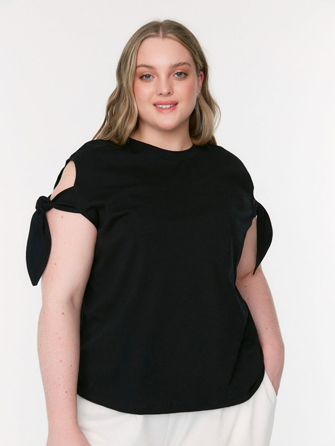 

Trendyol Plus Size Women Black Solid Extended Sleeves Cotton T-shirt