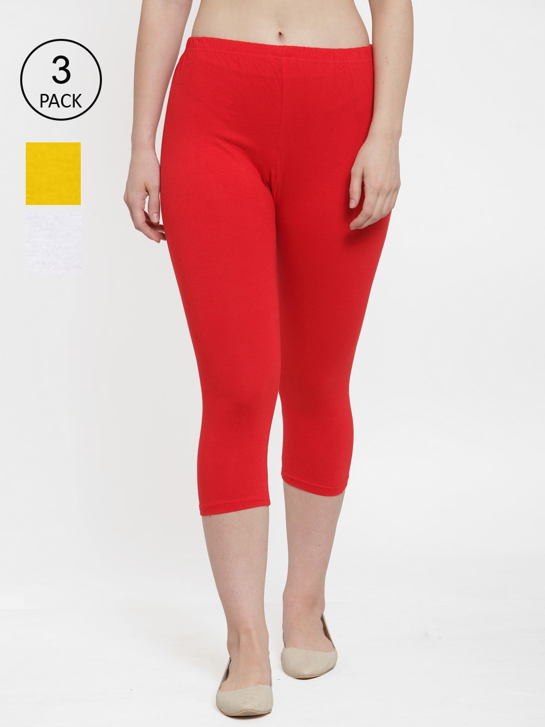 

GRACIT Women Pack Of 3 White & Red Cotton Lycra Capris