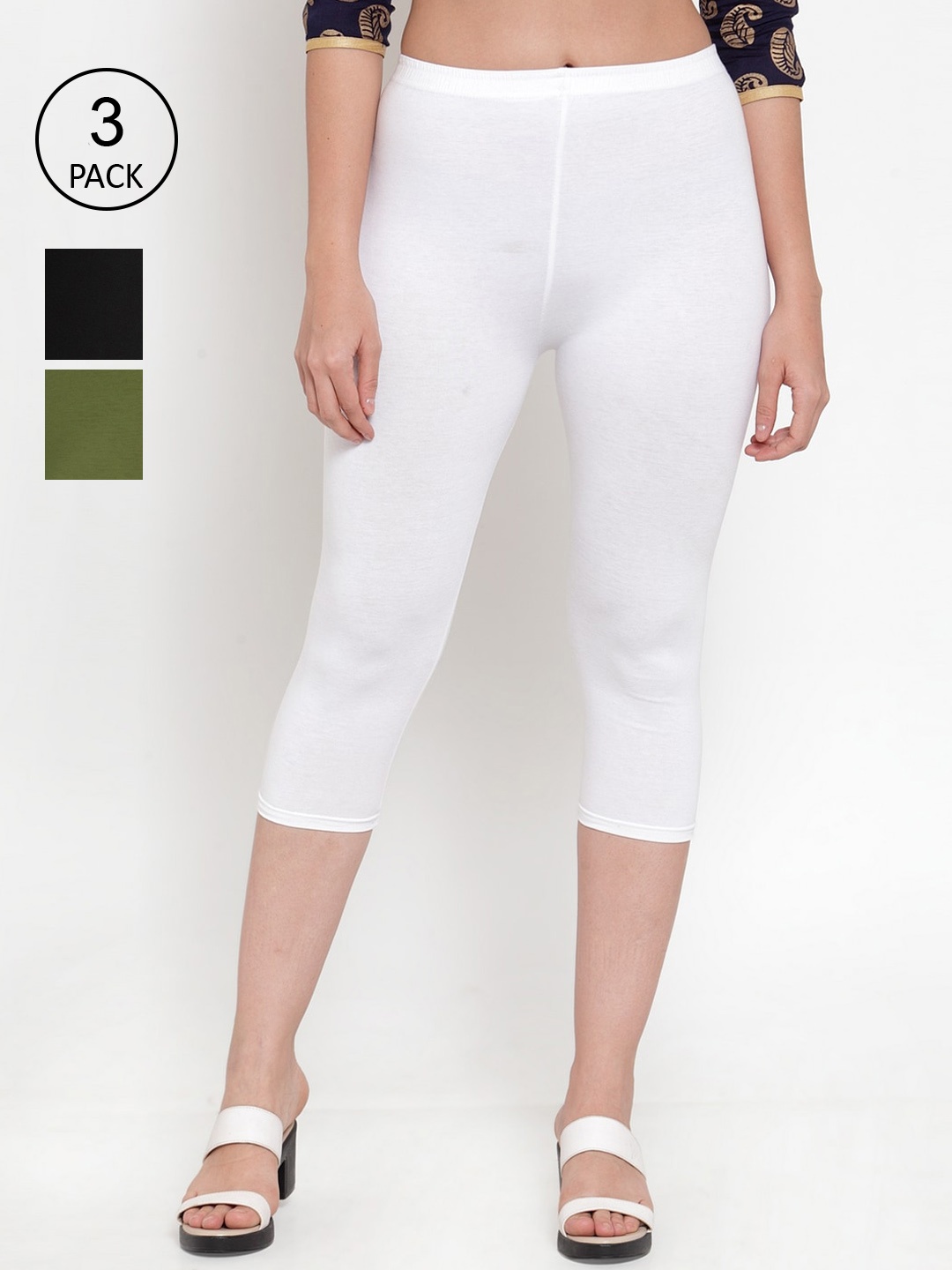 

GRACIT Women Black And White Cotton Lycra Capris Pack of 3