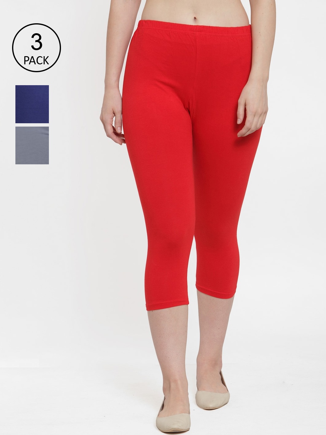 

GRACIT Women Pack of 3 Solid Cotton Lycra Capris, Red