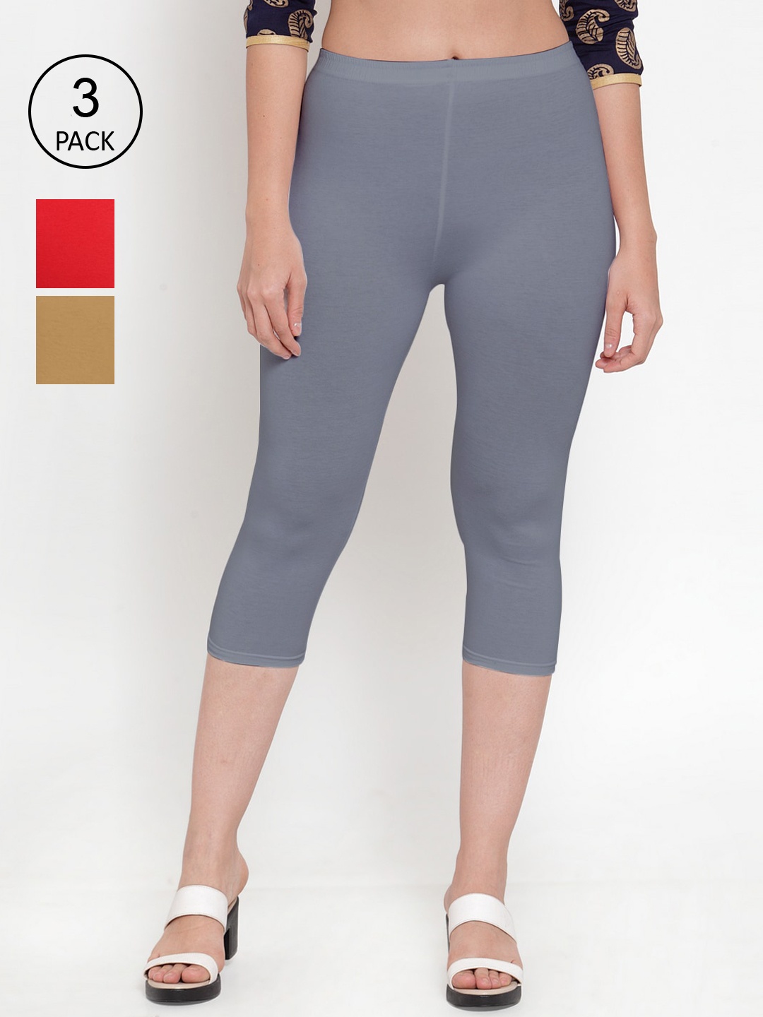 

GRACIT Women Pack of 3 Red & Grey Slim Fit Capris