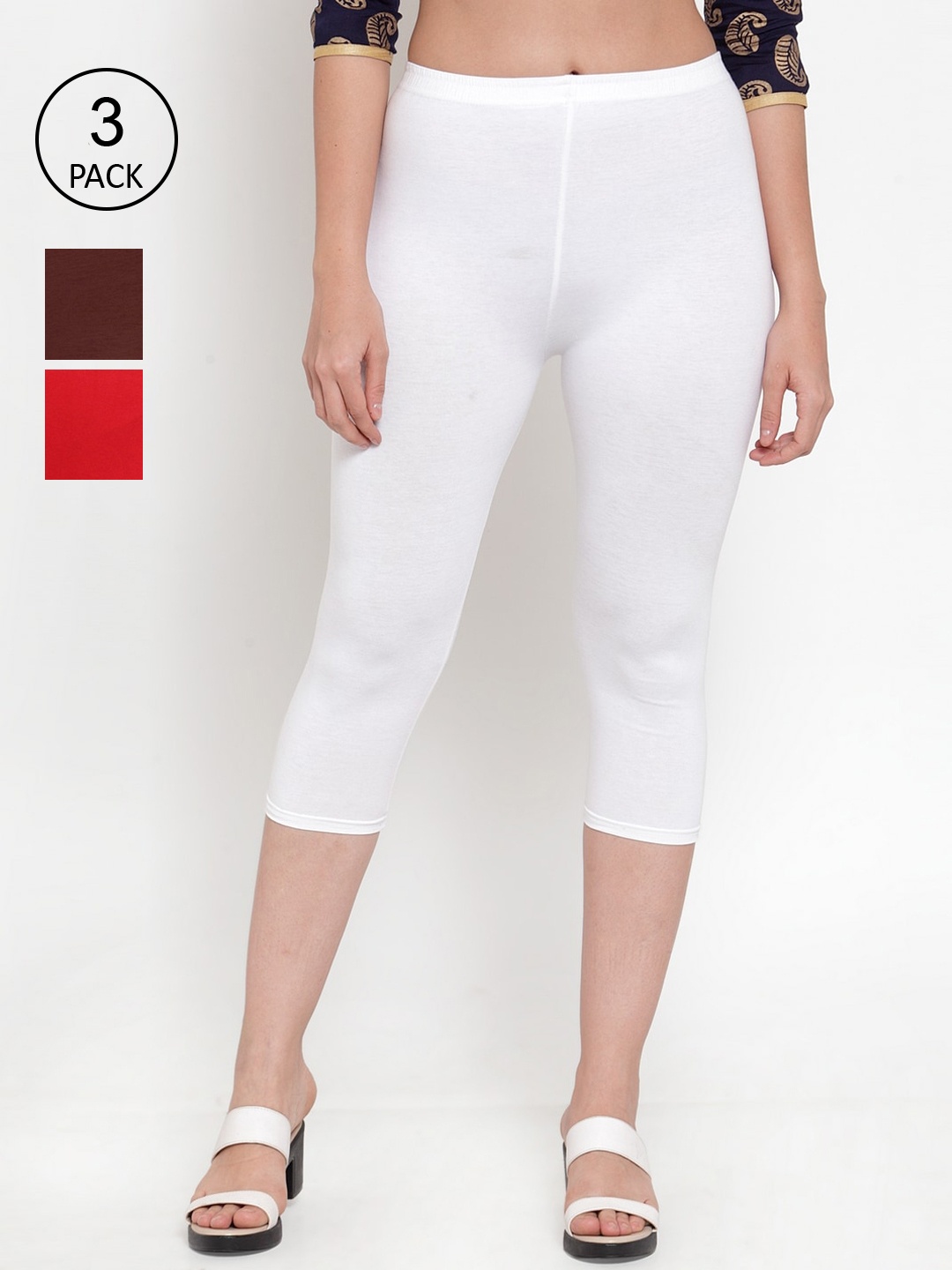 

GRACIT Women Pack of 3 White & Red Solid Capris