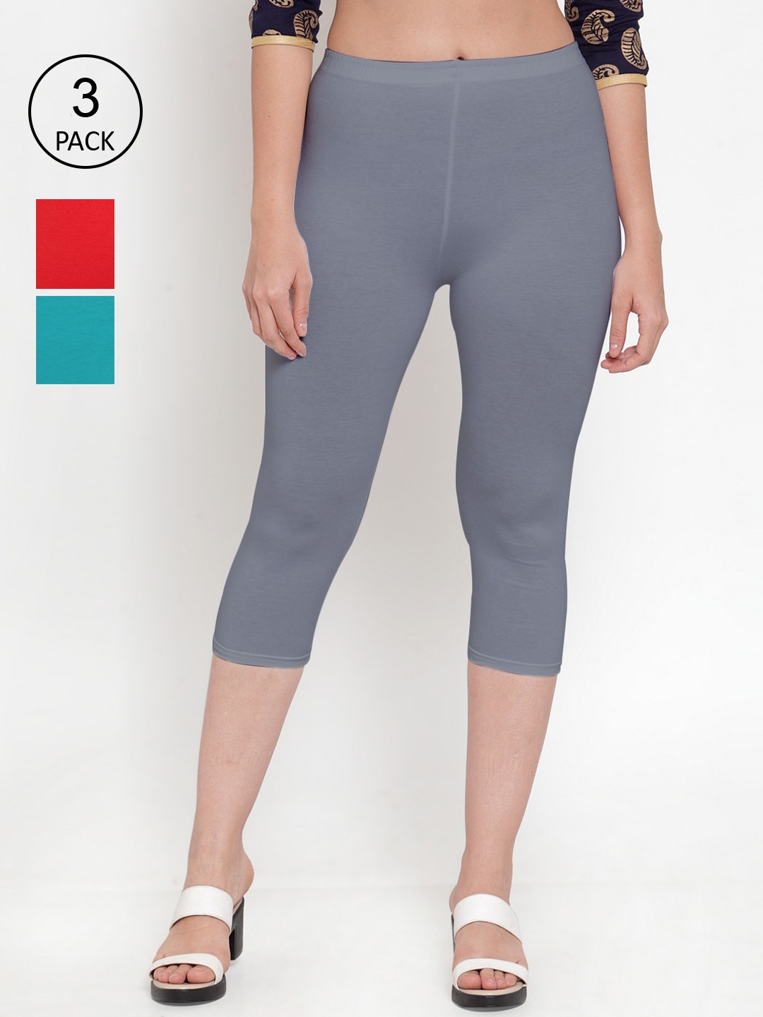 

GRACIT Women Set Of 3 Red & Blue Slim Fit Solid Cotton Capris