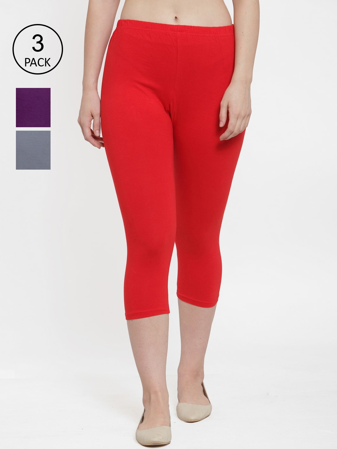 

GRACIT Women Pack of 3 Super Combed Cotton Lycra Capris, Red