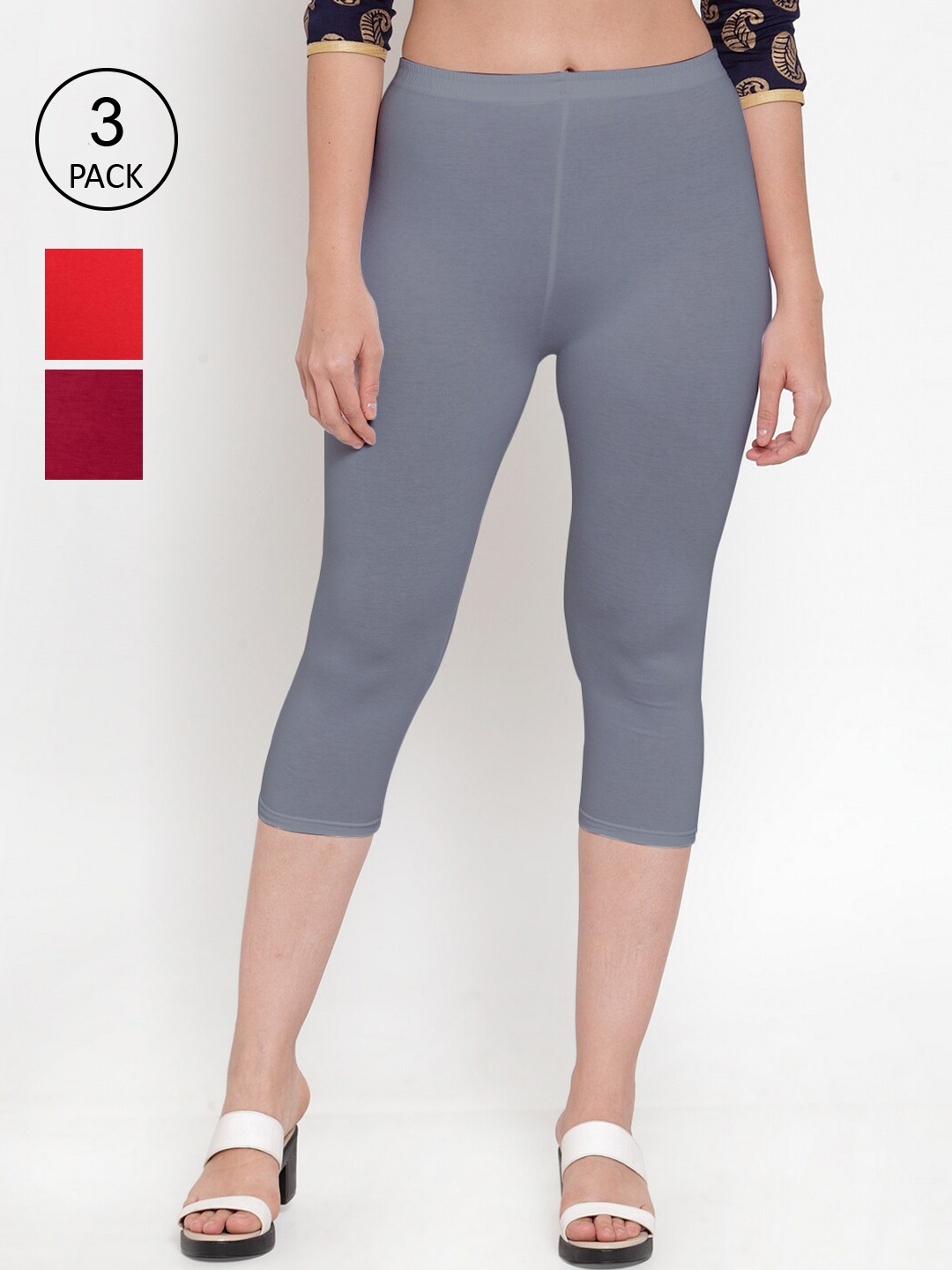 

GRACIT Women Pack Of 2 Red & Grey Capris