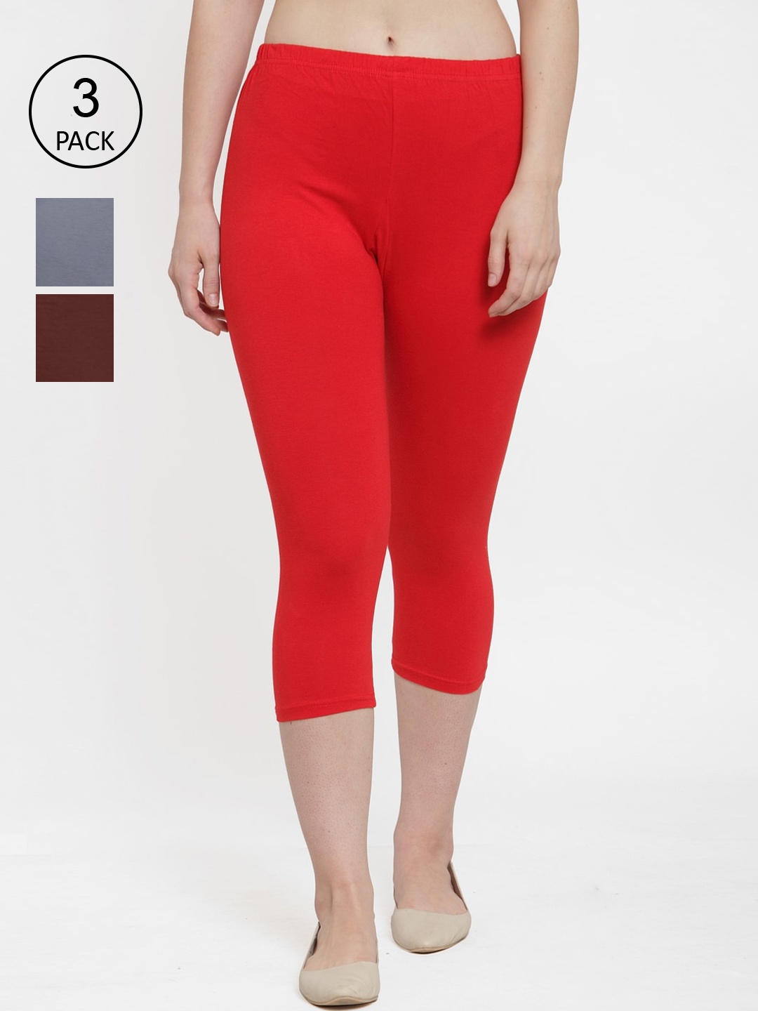 

GRACIT Women Pack of 3 Red & Grey Solid Cotton Lycra Capris