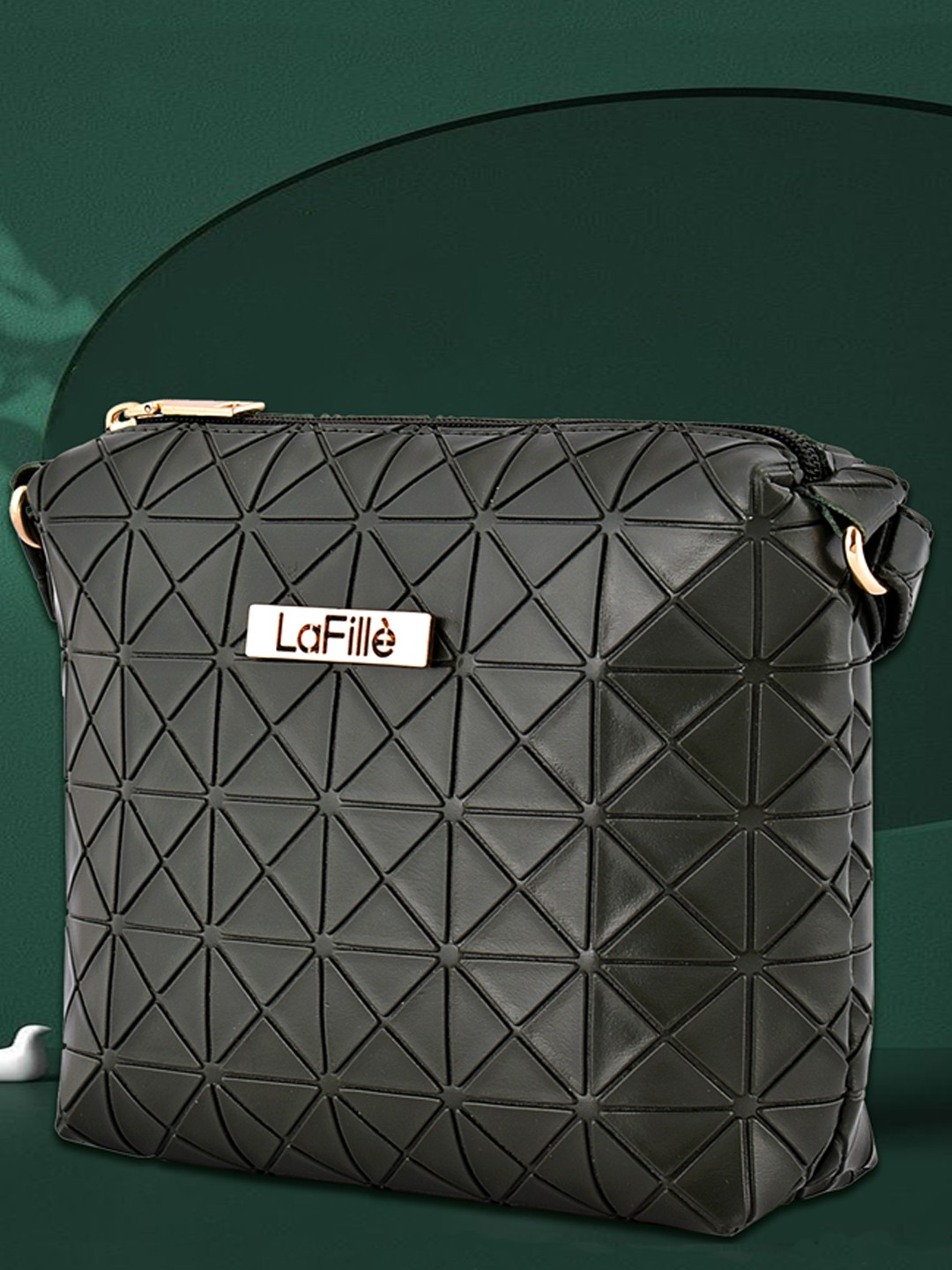 

LaFille Women Green Geometric Textured PU Structured Quilted Sling Bag
