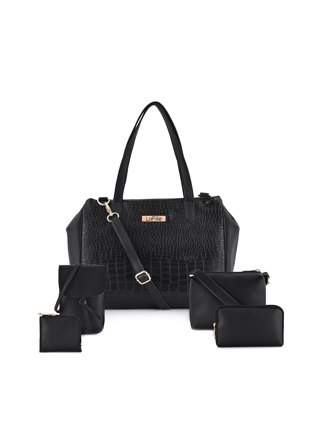 

LaFille Black PU Structured Shoulder Bag with Cut Work