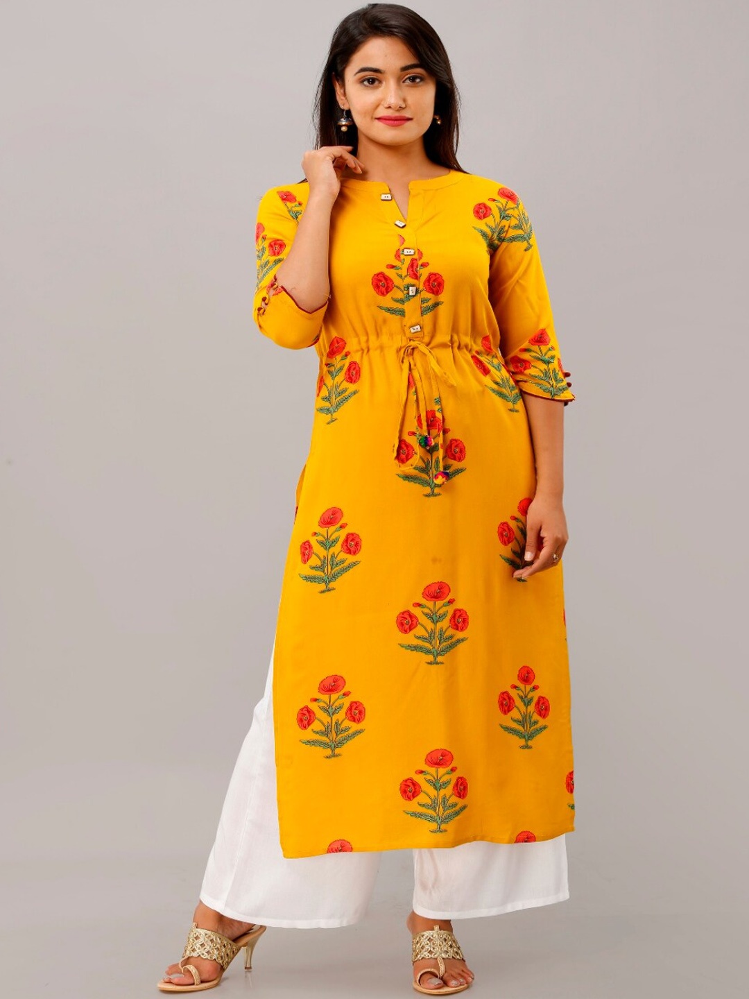 

KALINI Women Yellow Floral Printed Pleated Kurta with Trousers