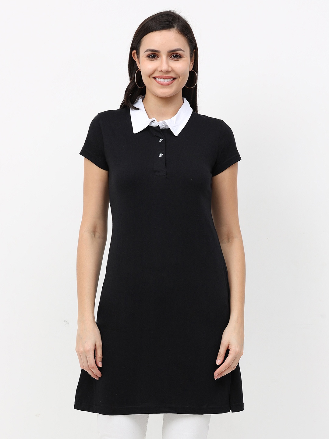 

Fleximaa Black & White Shirt Style Longline Top