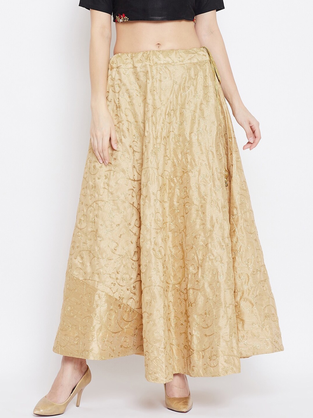 

Clora Creation Women Golden Embroidered Maxi Skirt, Gold