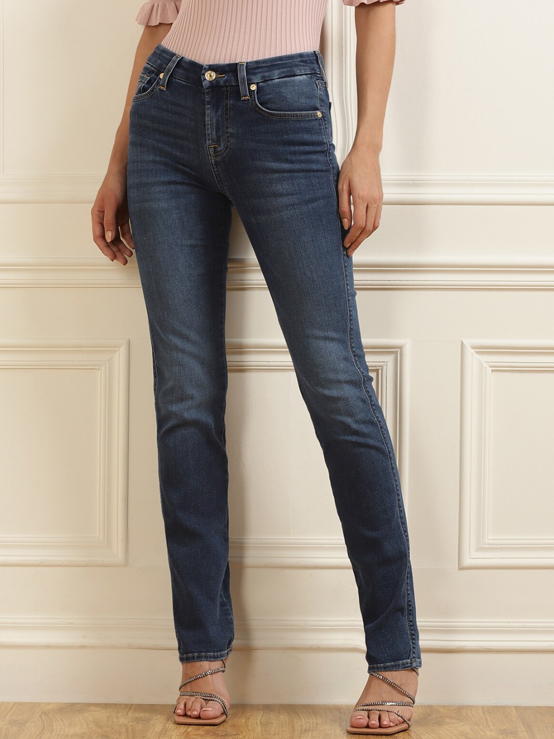 

7 For All Mankind Women Blue Light Fade Straight Jeans