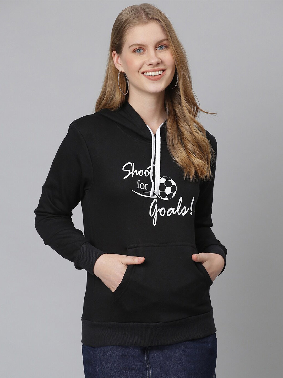 

Campus Sutra Women Black Printed Hooded Cotton Sweatshirt
