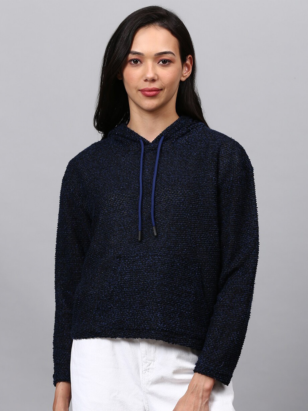 

Campus Sutra Women Navy Blue Hooded Sweatshirt