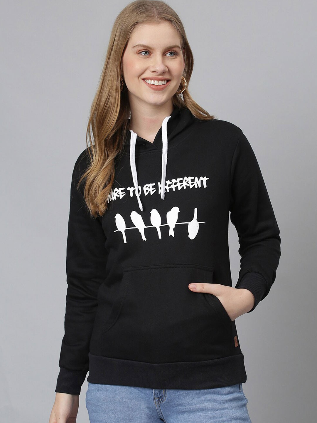 

Campus Sutra Women Black Printed Hooded Sweatshirt