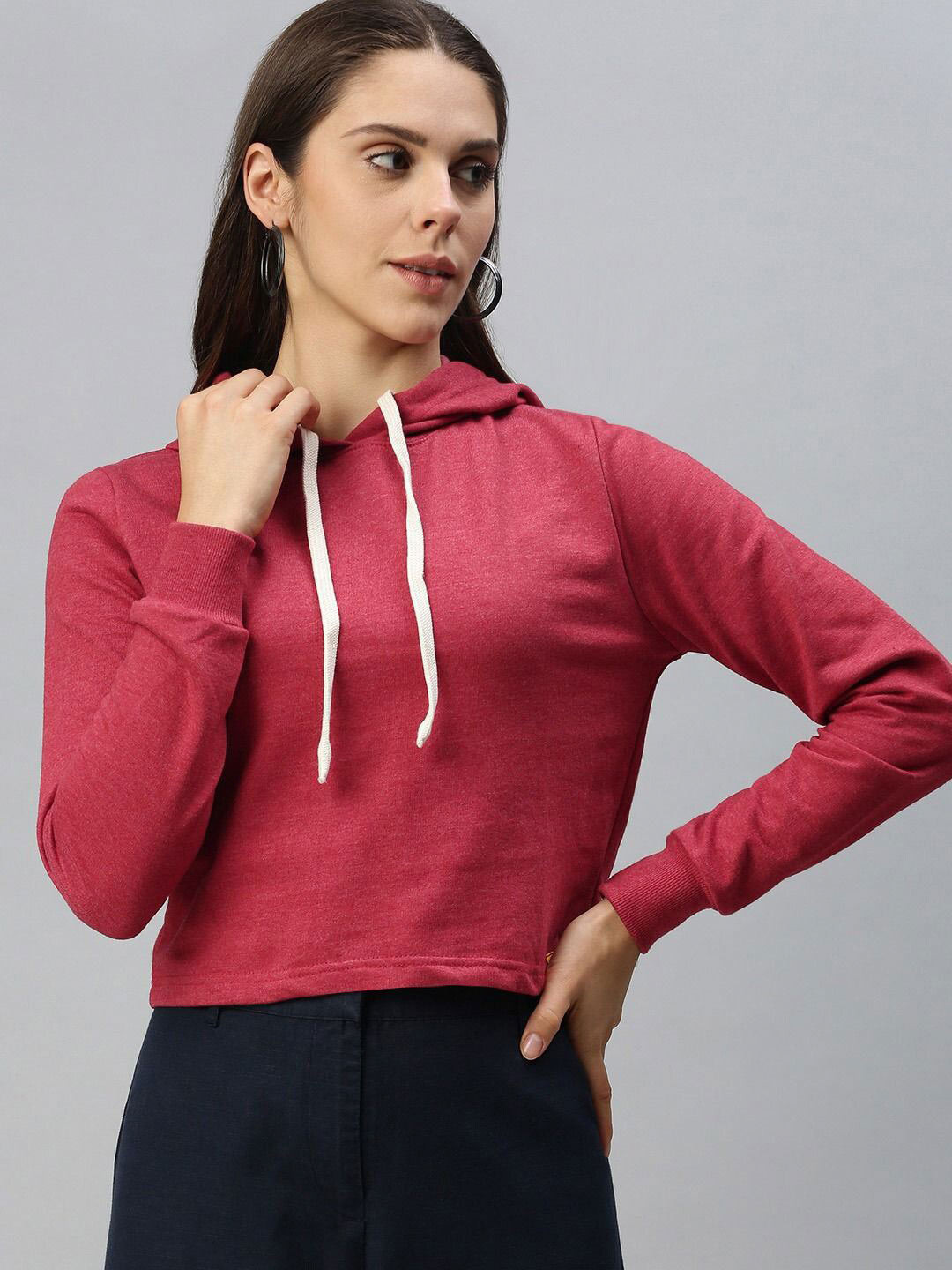 

Campus Sutra Women Maroon Women Crop Stylish Hooded Sweatshirt