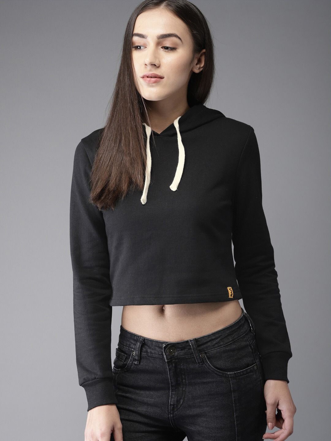 

Campus Sutra Women Black Hooded Crop Sweatshirt