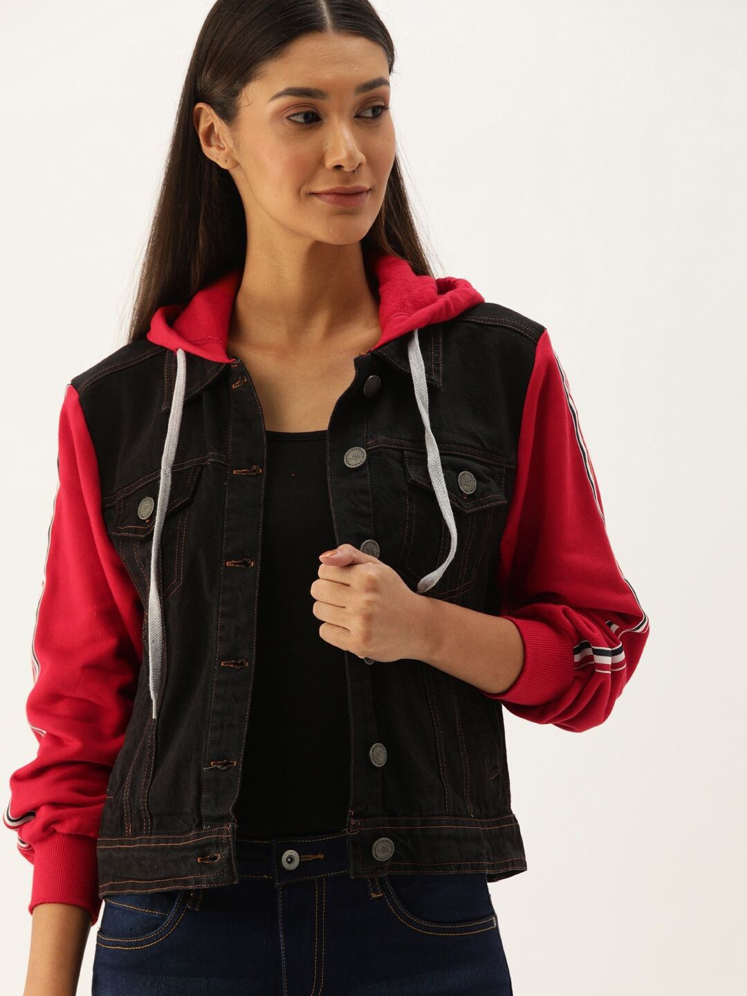 

Campus Sutra Women Black & Red Colourblocked Windcheater Longline Outdoor Denim Jacket