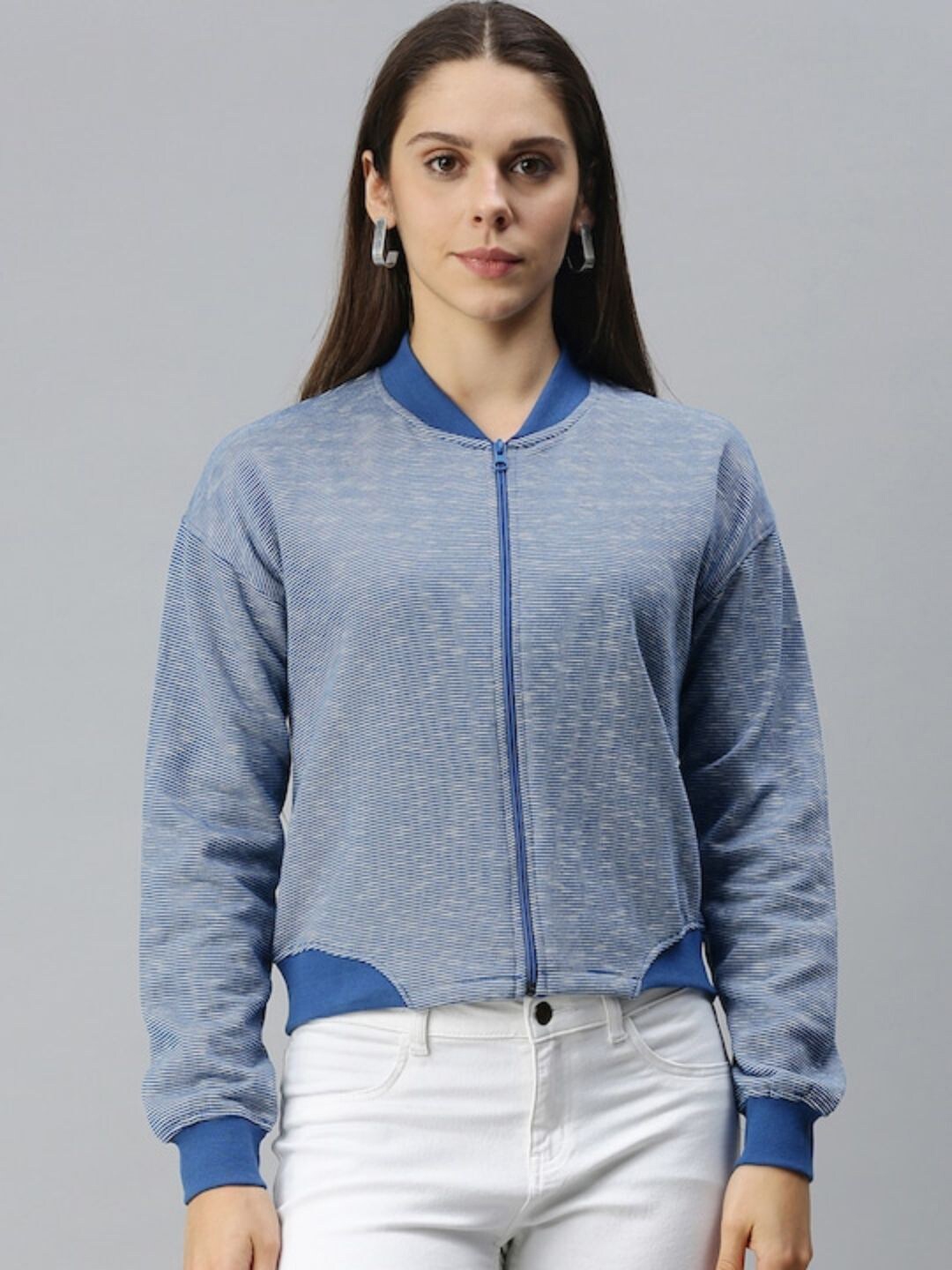 

Campus Sutra Women Blue Striped Sweatshirt