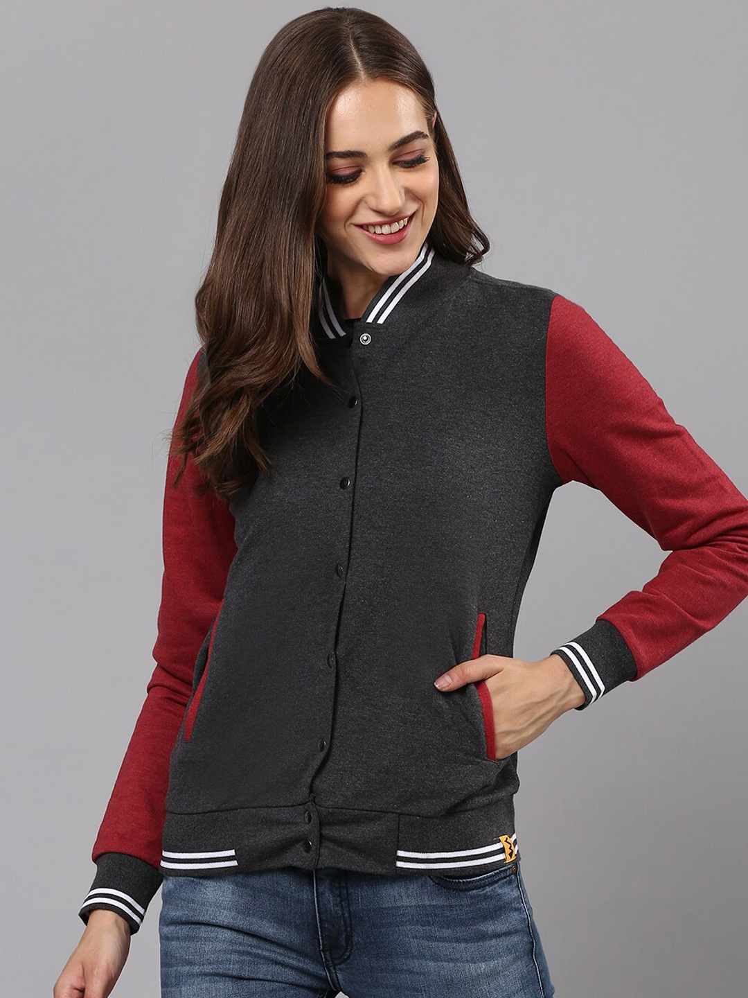 

Campus Sutra Women Charcoal Windcheater Outdoor Varsity Jacket