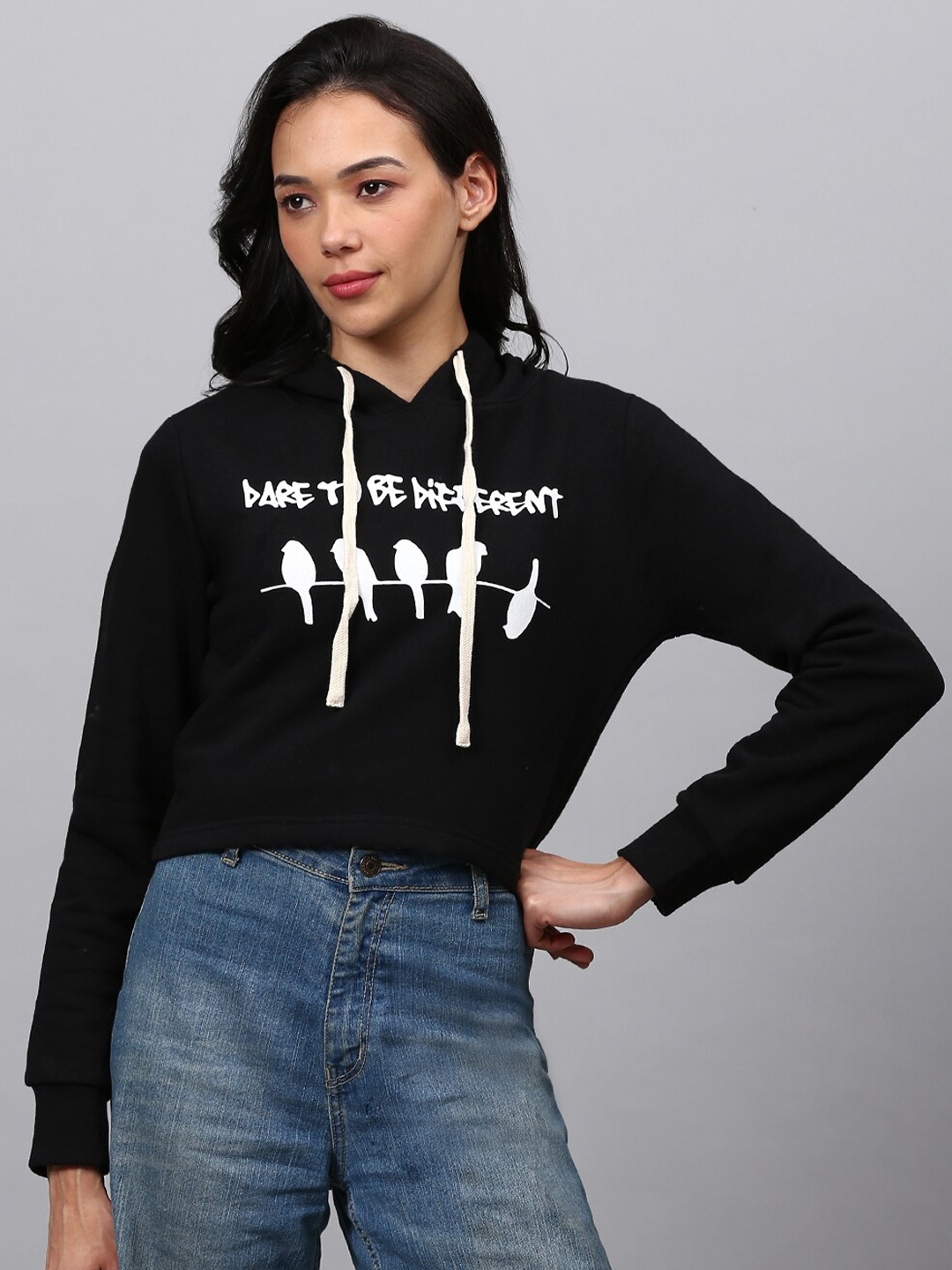 

Campus Sutra Women Black Hooded Cotton Sweatshirt