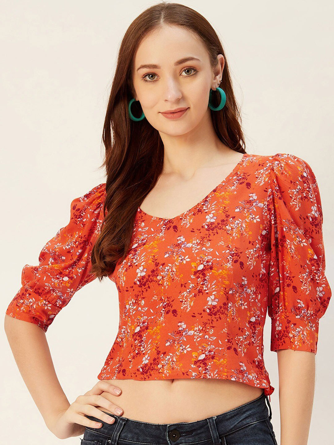 

Sera Women Orange Floral Print Bohemian Crop Top
