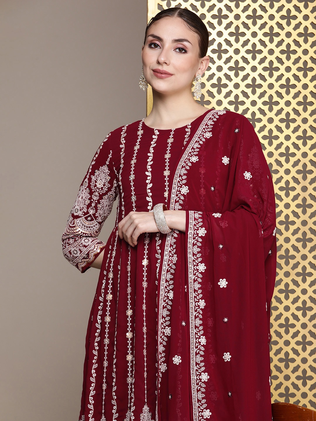 

House of Pataudi Ethnic Motifs Embroidered Thread Work Kurta with Churidar & Dupatta, Maroon