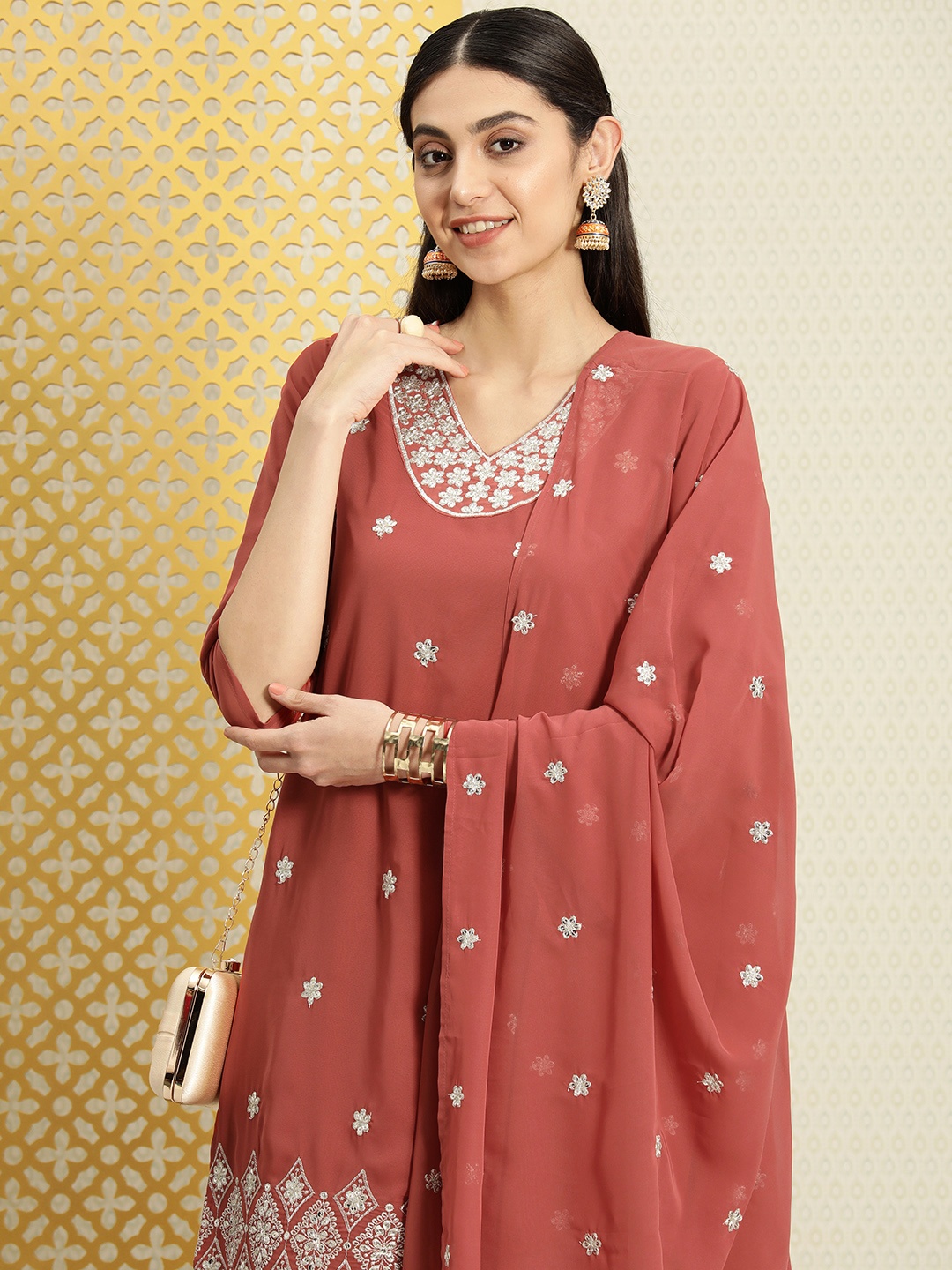 

House of Pataudi Women Jashn Ethic Motifs Sequined Zari Work Kurta & Trousers With Dupatta, Rust