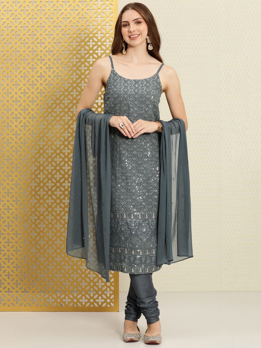 

House of Pataudi Women Ethnic Motifs Regular Sequined Jashn Kurta With Churidar & Dupatta, Grey