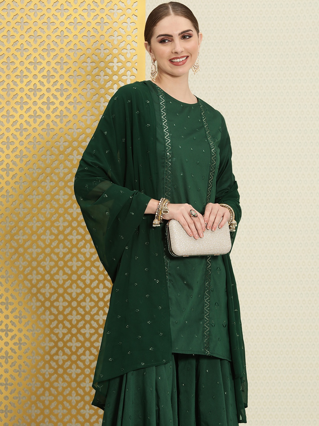 

House of Pataudi Jashn Floral Sequinned Woven Design Kurti & Sharara With Dupatta, Green