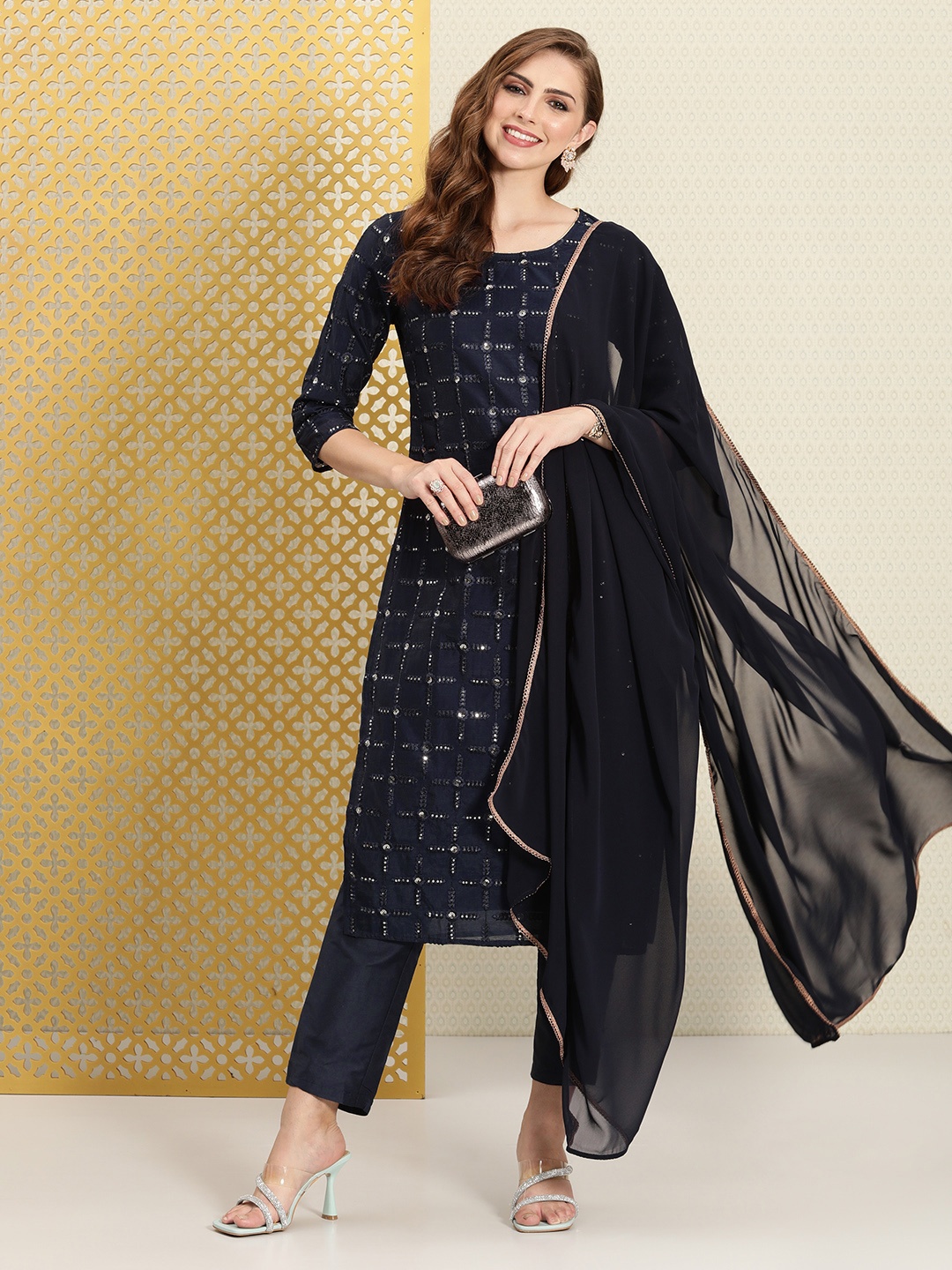 

House of Pataudi Women Jashn Thread Work & Sequinned Kurta & Trousers With Dupatta, Navy blue