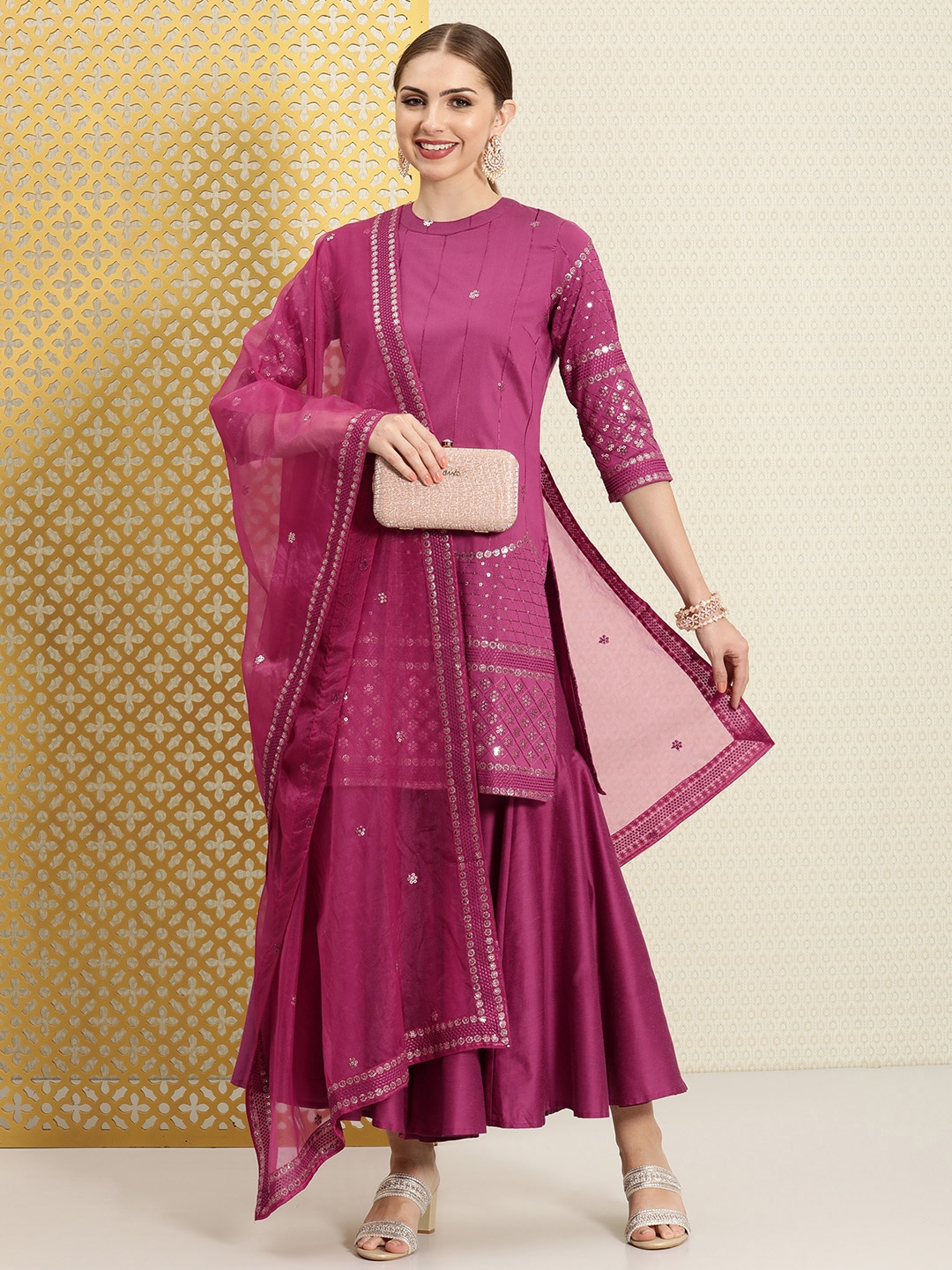 

House of Pataudi Women Floral Embroidered Sequinned Jashn Kurta with Sharara & Dupatta, Magenta