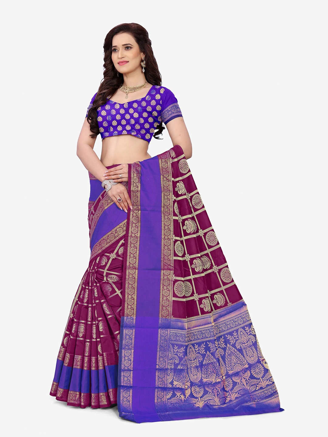 

Indian Fashionista Purple & Maroon Floral Zari Art Silk Banarasi Saree