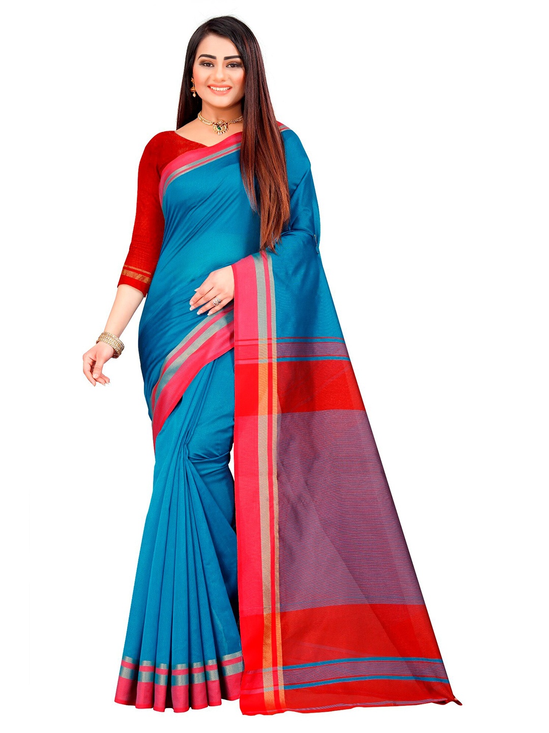 

Indian Fashionista Turquoise Blue & Red Silk Cotton Chanderi Saree
