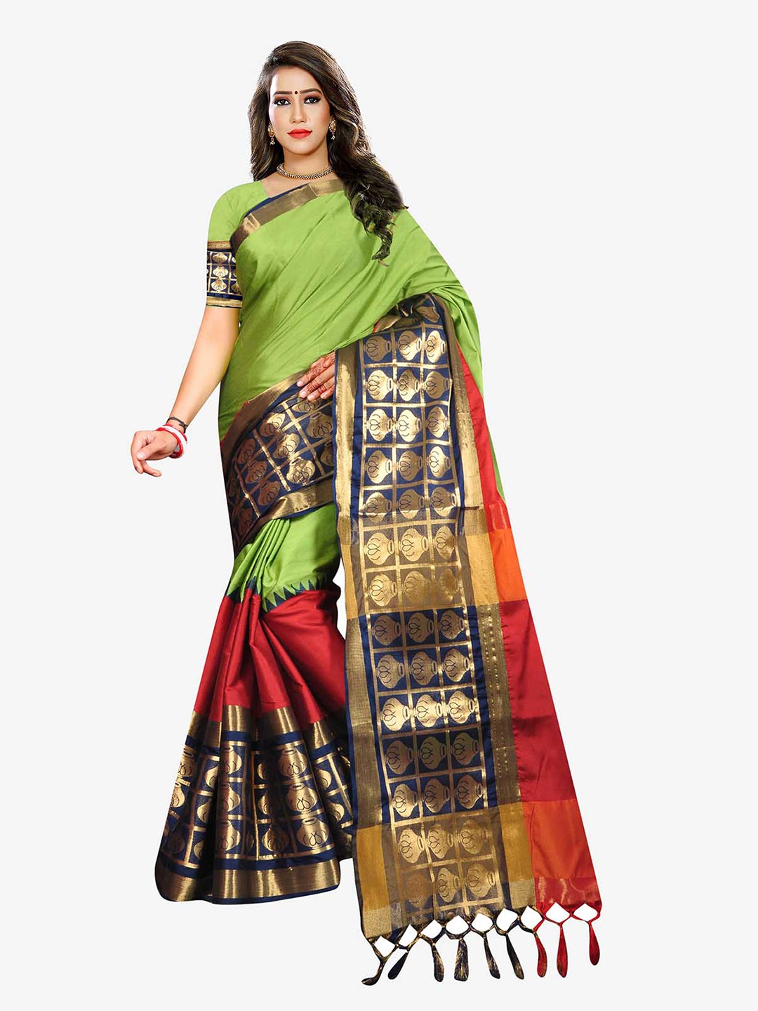 

Indian Fashionista Green & Navy Blue Zari Art Silk Maheshwari Saree