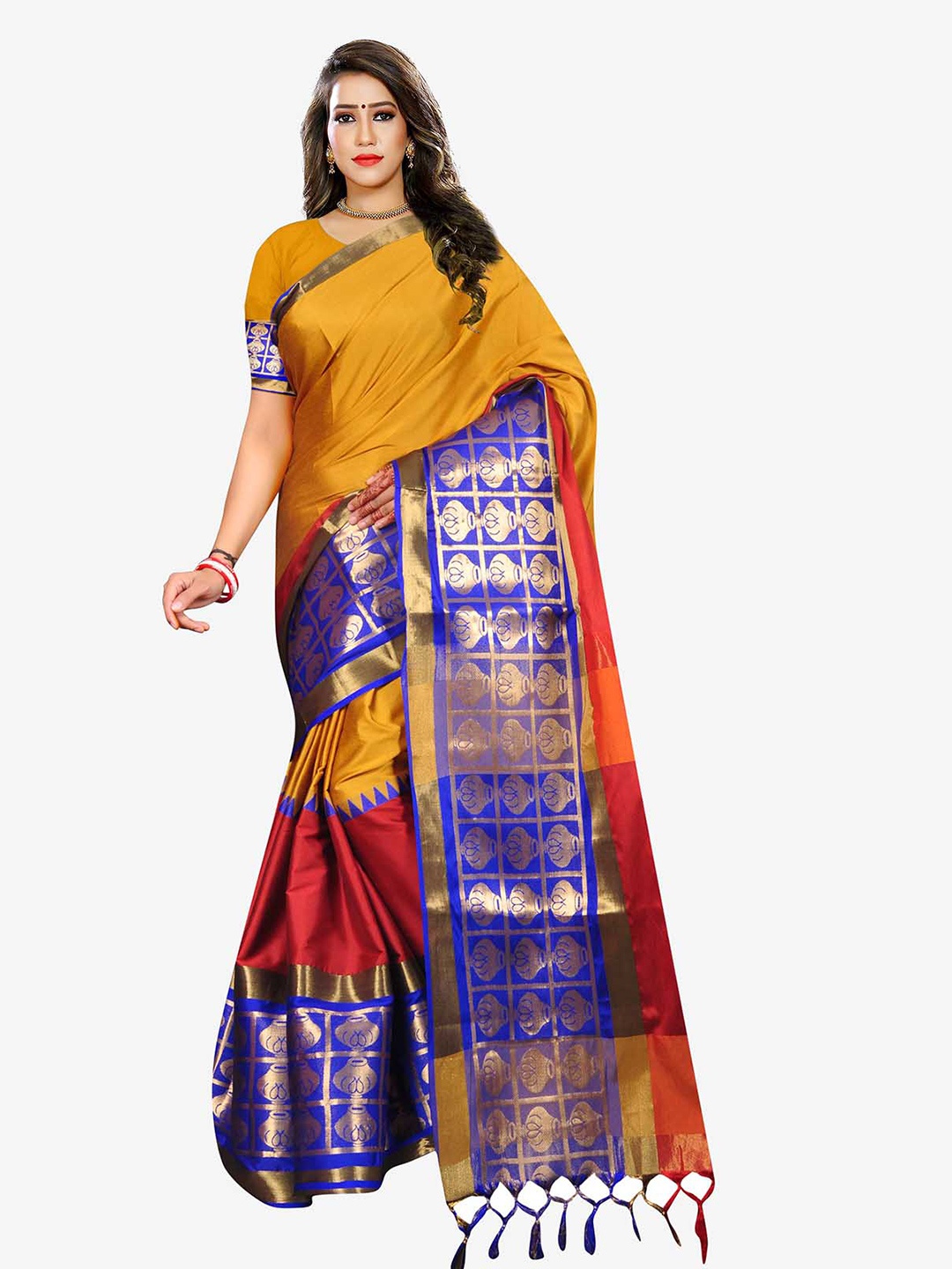 

Indian Fashionista Orange & Blue Woven Design Zari Art Silk Saree