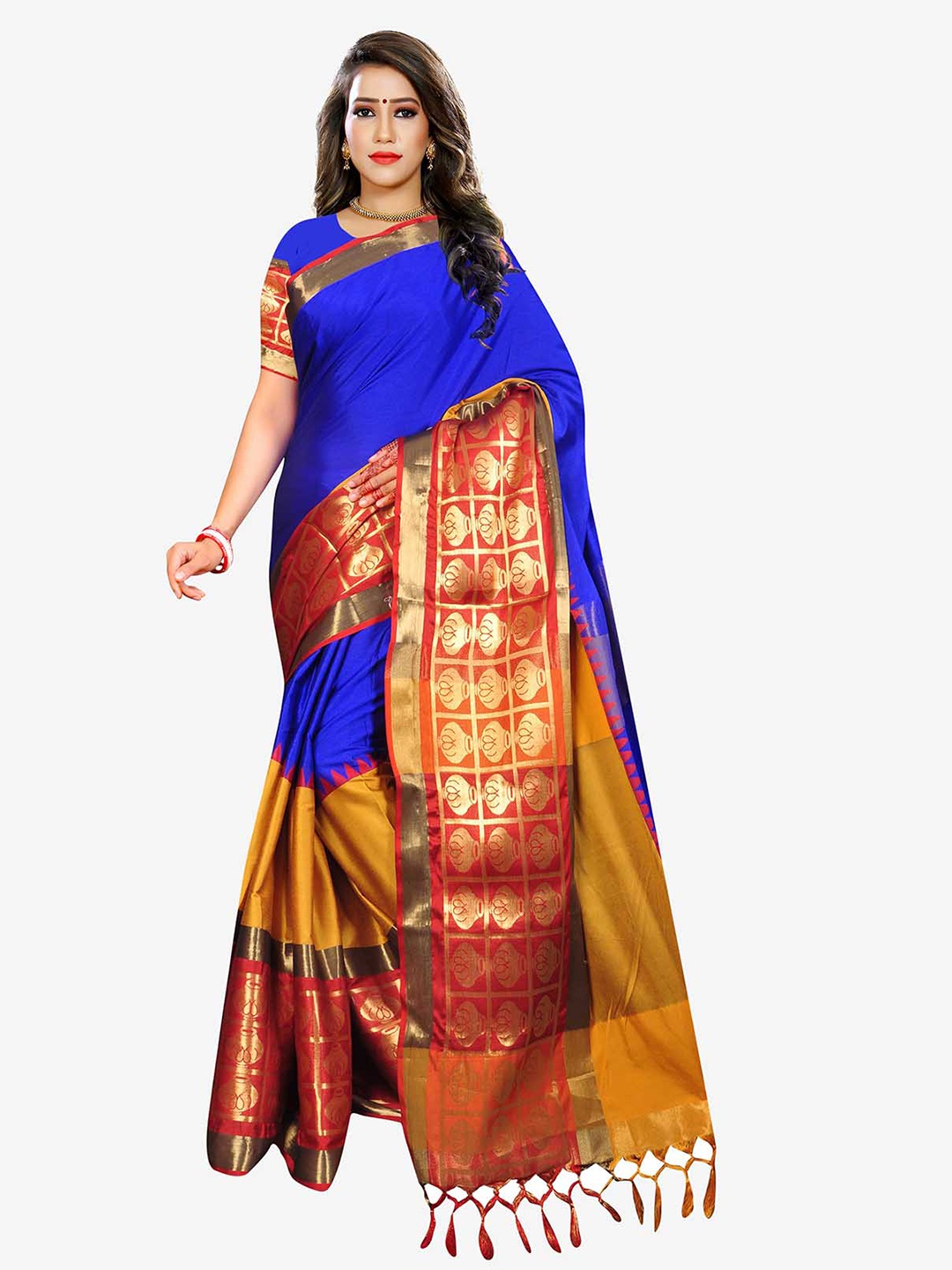 

Indian Fashionista Blue & Red Woven Design Zari Art Silk Maheshwari Saree