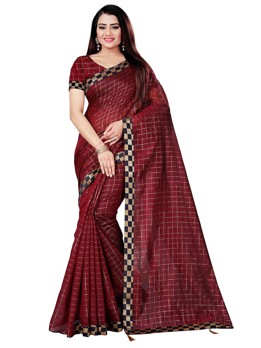 

Indian Fashionista Maroon & Black Checked Zari Lace Mysore Silk Saree