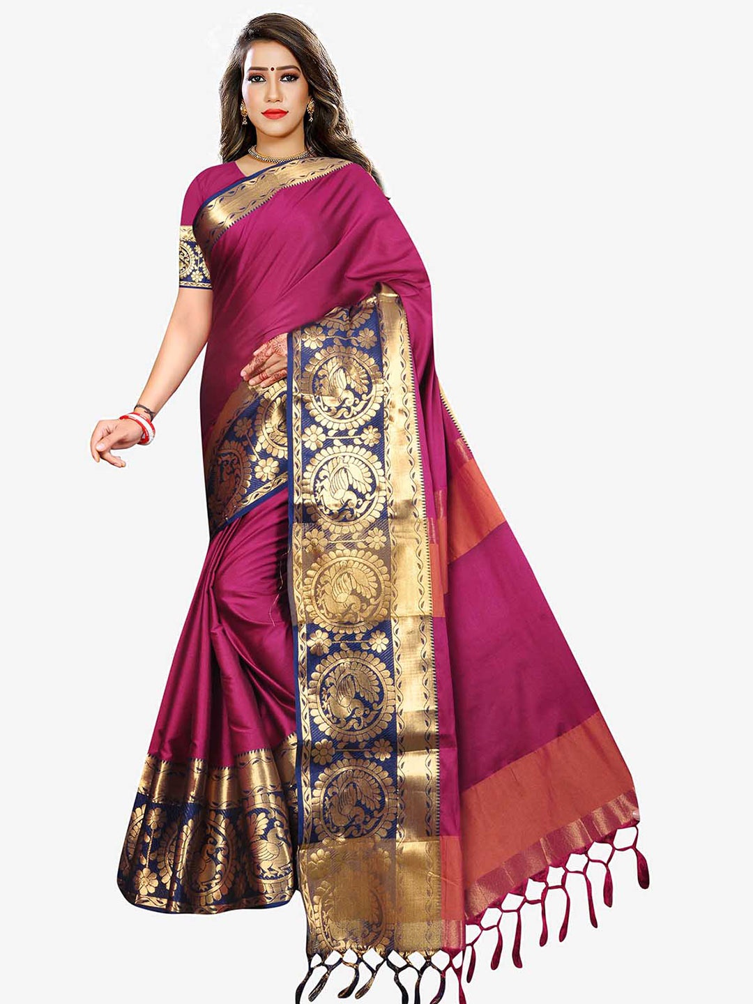 

Indian Fashionista Pink & Blue Ethnic Motifs Zari Art Silk Baluchari Saree