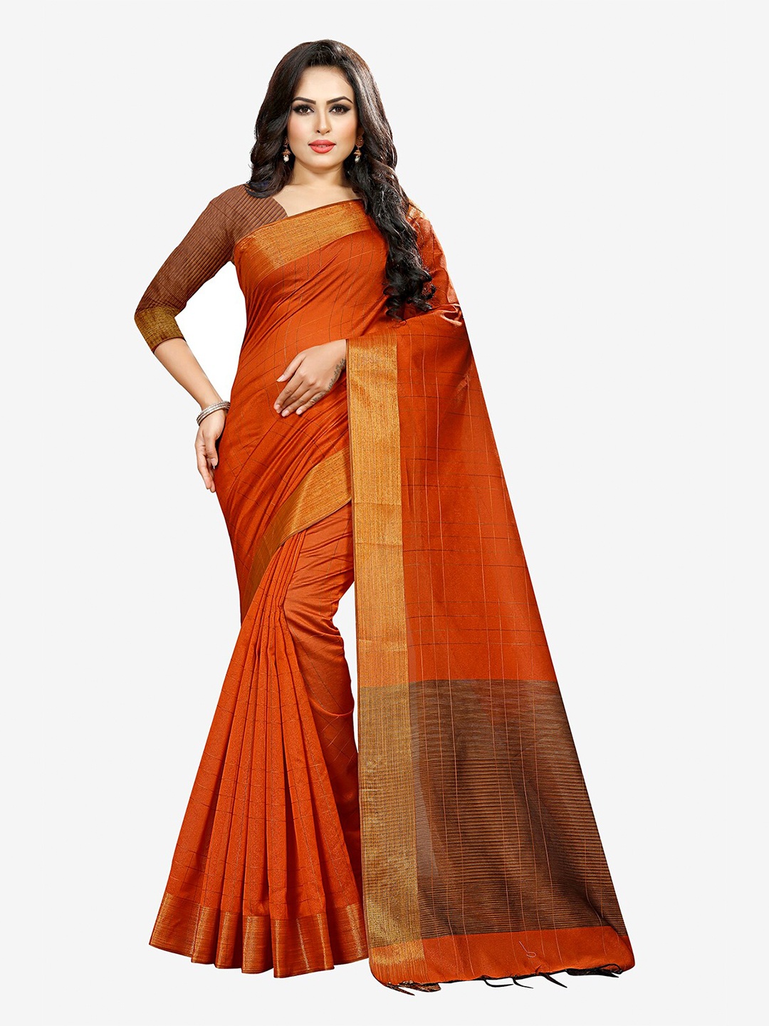 

Indian Fashionista Orange & Gold-Toned Checked Zari Silk Cotton Mysore Silk Saree