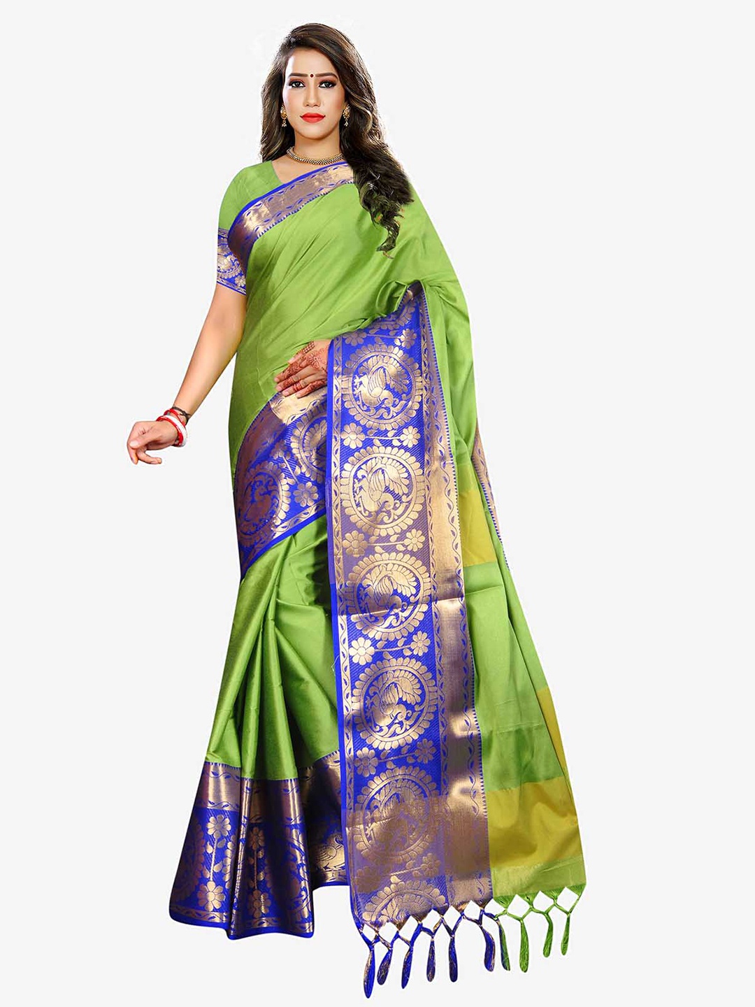 

Indian Fashionista Green & Blue Woven Design Zari Art Silk Baluchari Saree