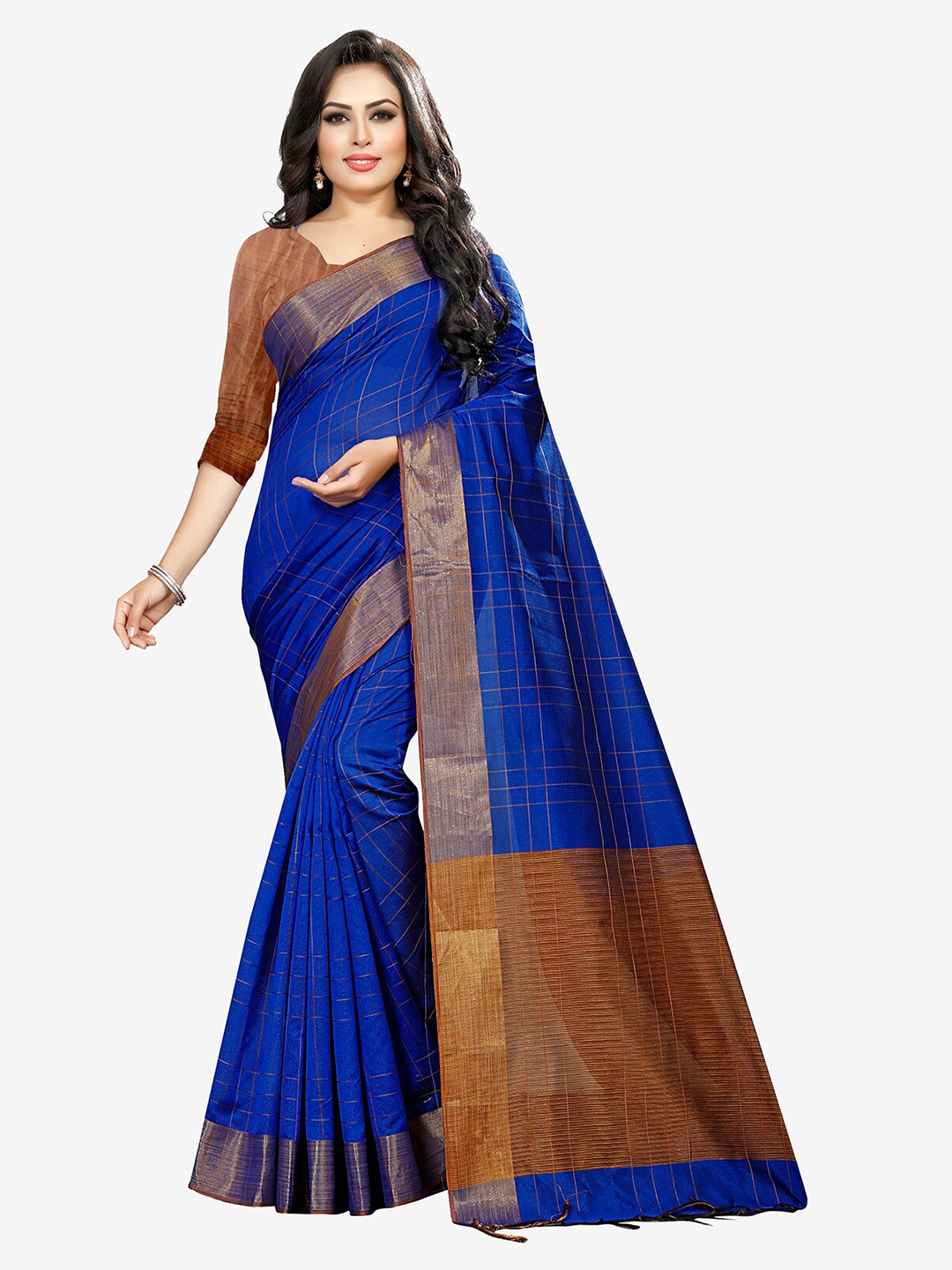 

Indian Fashionista Blue & Brown Checked Silk Cotton Saree