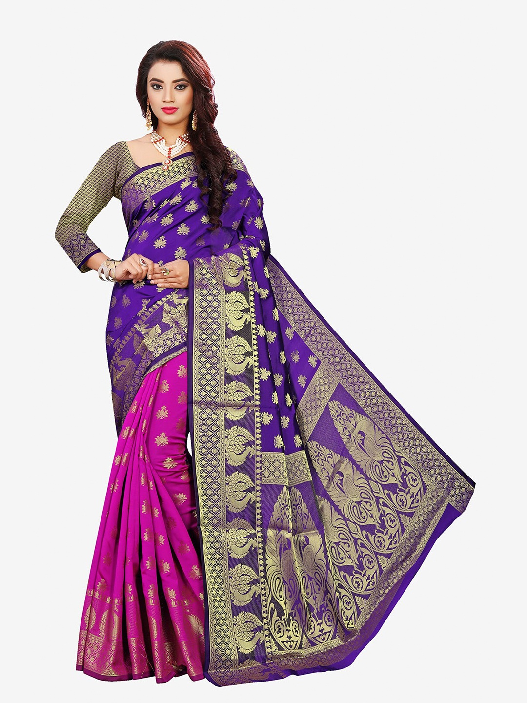 

Indian Fashionista Blue & Pink Paisley Zari Art Silk Banarasi Saree