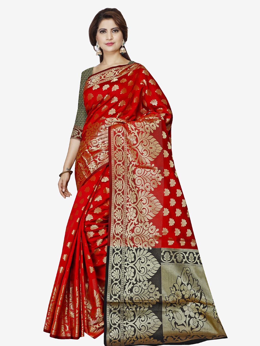 

Indian Fashionista Red & Black Ethnic Motifs Zari Art Silk Banarasi Saree