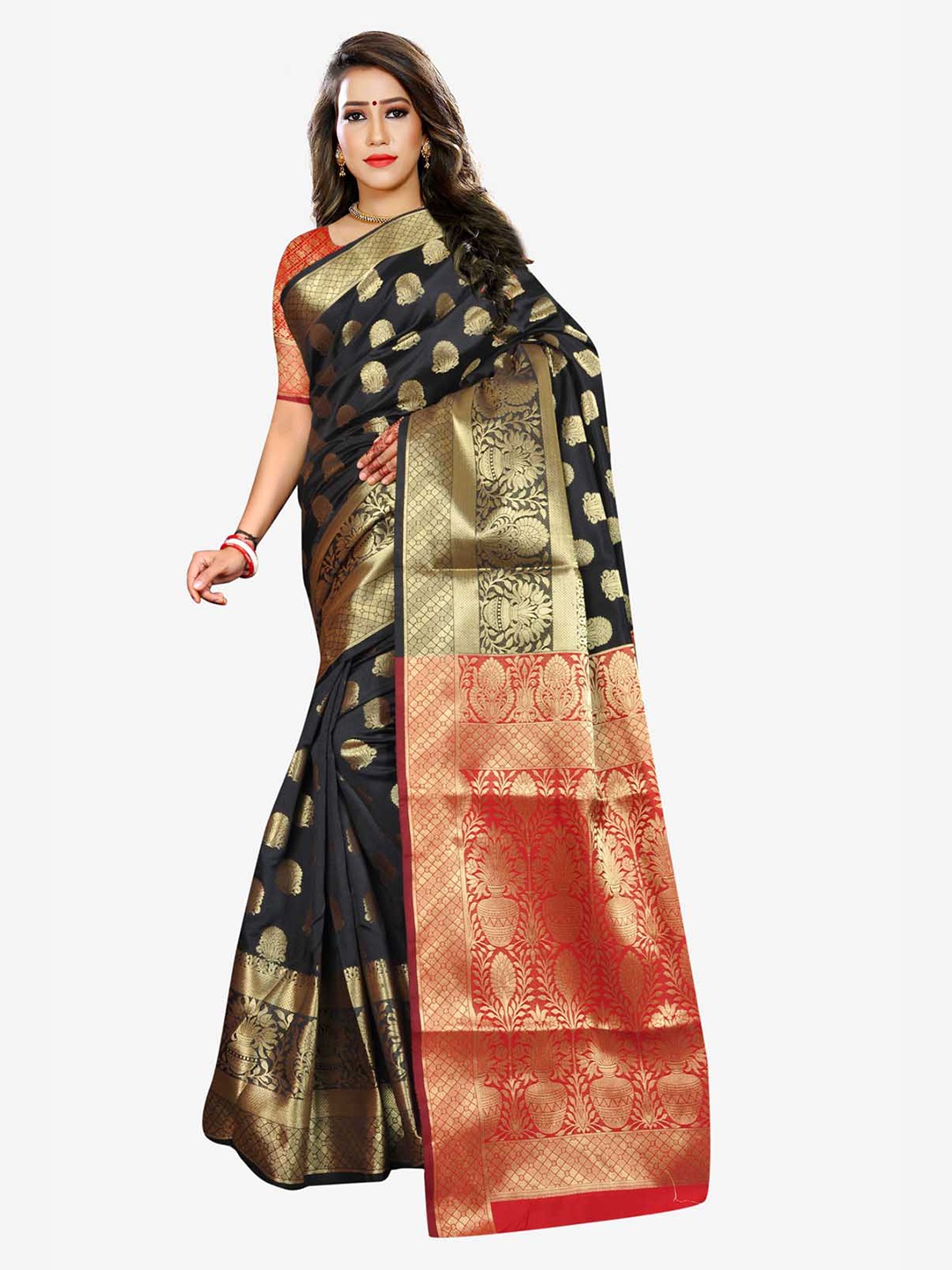 

Indian Fashionista Black & Orange Floral Zari Art Silk Banarasi Saree